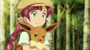Episodio 74 Viajes Pokémon Chloe y Eevee miran el lago