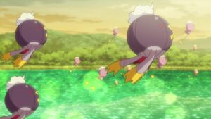 Episodio 74 Viajes Pokémon Drifloon y Driflim sobrevolando un lago