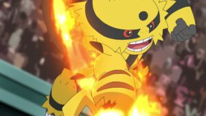 Episodio 77 Viajes Pokémon Electivire usa Puño Fuego contra Pikachu