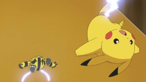 Episodio 77 Viajes Pokémon Pikachu golpea a Electivire con Cola Férrea