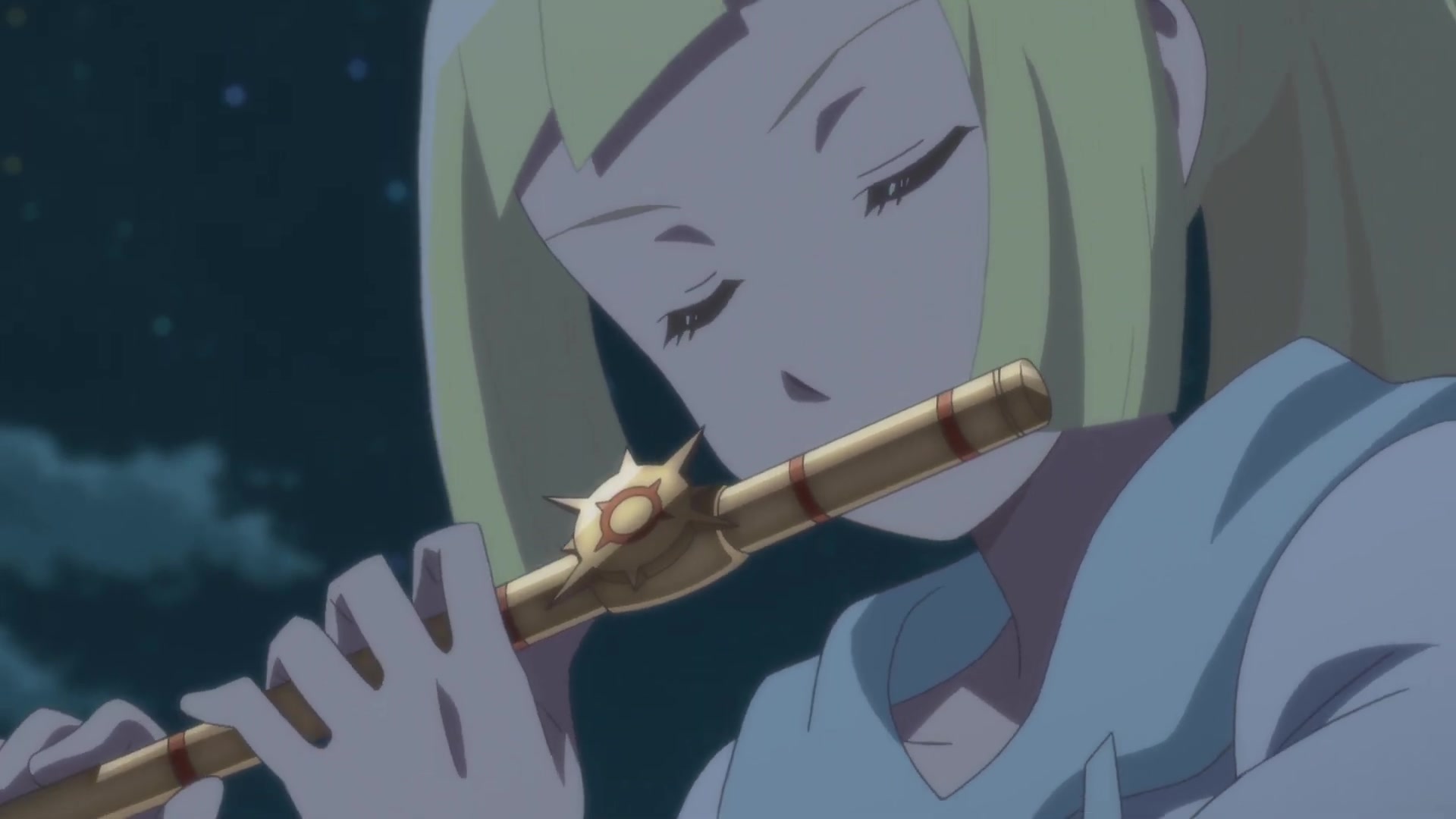 Evoluciones Pokémon: El eclipse (Alola) Lylia tocando la Flauta Solar