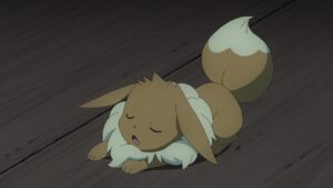 Episodio 79 Viajes Pokémon Eevee de Chloe exhausta tras el combate contra los Pokémon de Katsuki
