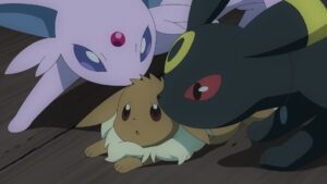 Episodio 79 Viajes Pokémon Espeon y Umbreon de Haruhi felicitan a la Eevee de Chloe