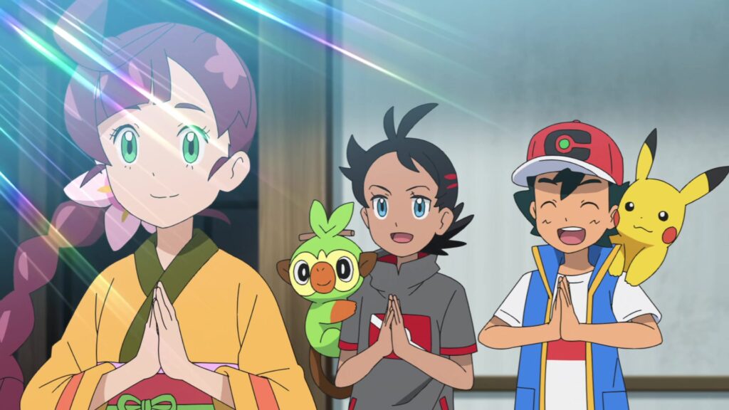 Episodio 79 Viajes Pokémon Nuestros héroes Chloe, Goh y Ash aplauden a Haruhi
