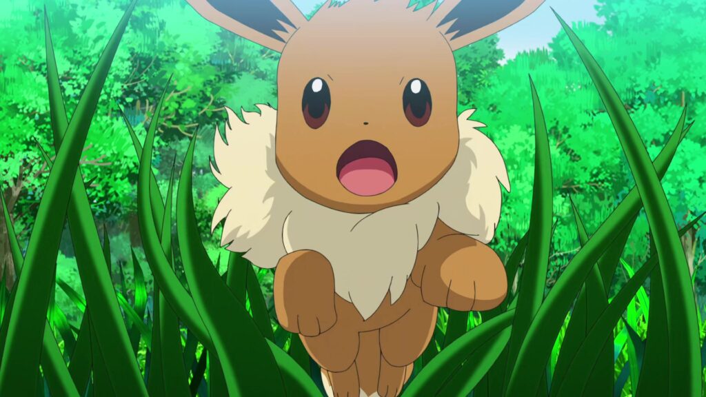 Episodio 79 Viajes Pokémon Eevee de Chloe corriendo por la hierba alta