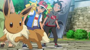 Episodio 79 Viajes Pokémon Eevee avisa a Ash y a Goh