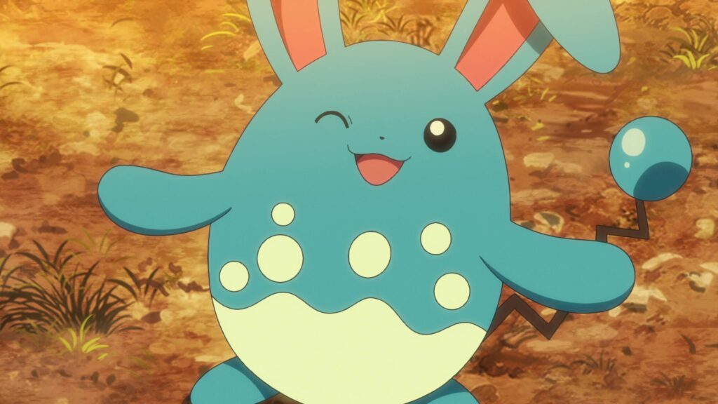 Episodio 80 Viajes Pokémon Azumarill de Asahi guiñando un ojo