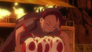 Episodio 80 Viajes Pokémon Goh protege los Huevos de Larvesta de las llamas descontroladas