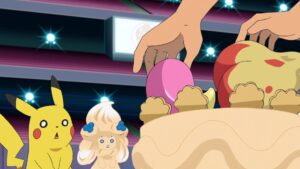 Episodio 82 Viajes Pokémon Pikachu y Alcremie a cuadros tras ver la decoración del pastel de Ash