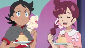 Episodio 82 Viajes Pokémon Goh y Chloe comen del pastel ganador de Ash