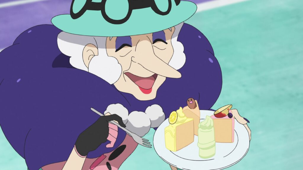 Episodio 82 Viajes Pokémon la líder Sally comiendo pastel