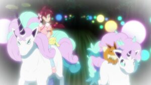 Episodio 82 Viajes Pokémon flashback de Ponyta y Rapidash de Galar montados por Chloe y Eevee