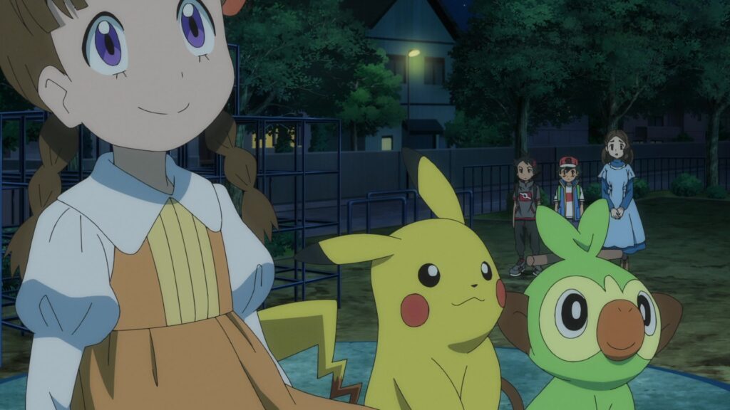 Episodio 83 Viajes Pokémon Kirara mira la estrellas en el parque con Pikachu y Grookey