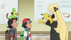 Episodio 83 Viajes Pokémon Ash Pikachu Goh y Grookey saludando a Cintia