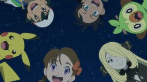 Episodio 83 Viajes Pokémon Ash Pikachu Kirara Cintia Grookey y Goh en el parque
