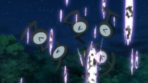 Episodio 83 Viajes Pokémon Garchomp usa Ráfaga Escamas contra los Unown