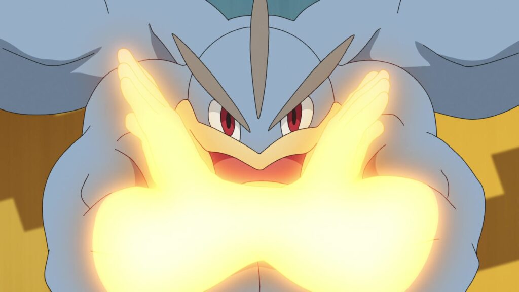 Episodio 85 Viajes Pokémon Machamp golpea a Lucario con Tajo Cruzado