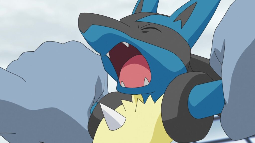 Episodio 85 Viajes Pokémon Lucario está recibiendo una paliza de Machamp