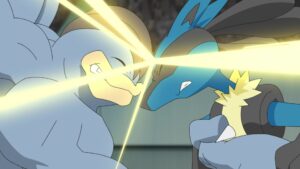 Episodio 85 Viajes Pokémon Lucario logra librarse de Machamp con un cabezazo