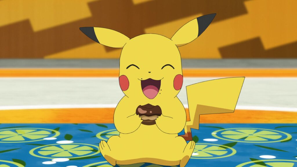 Episodio 85 Viajes Pokémon Pikachu comiendo un dulce