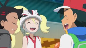 Episodio 85 Viajes Pokémon Goh, Corelia y Ash riéndose