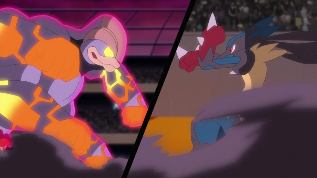 Episodio 86 Viajes Pokémon Machamp Gigamax contra Mega-Lucario