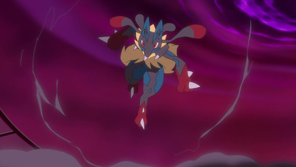 Episodio 86 Viajes Pokémon Mega-Lucario de Ash en el aire