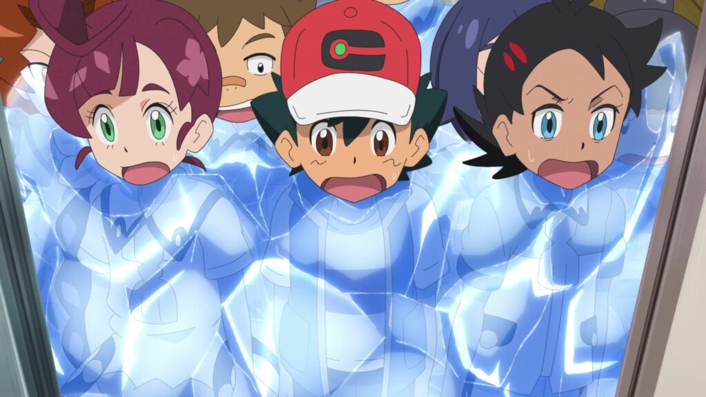 Episodio 87 Viajes Pokémon Chloe, Ash y Goh congelados por Glaceon