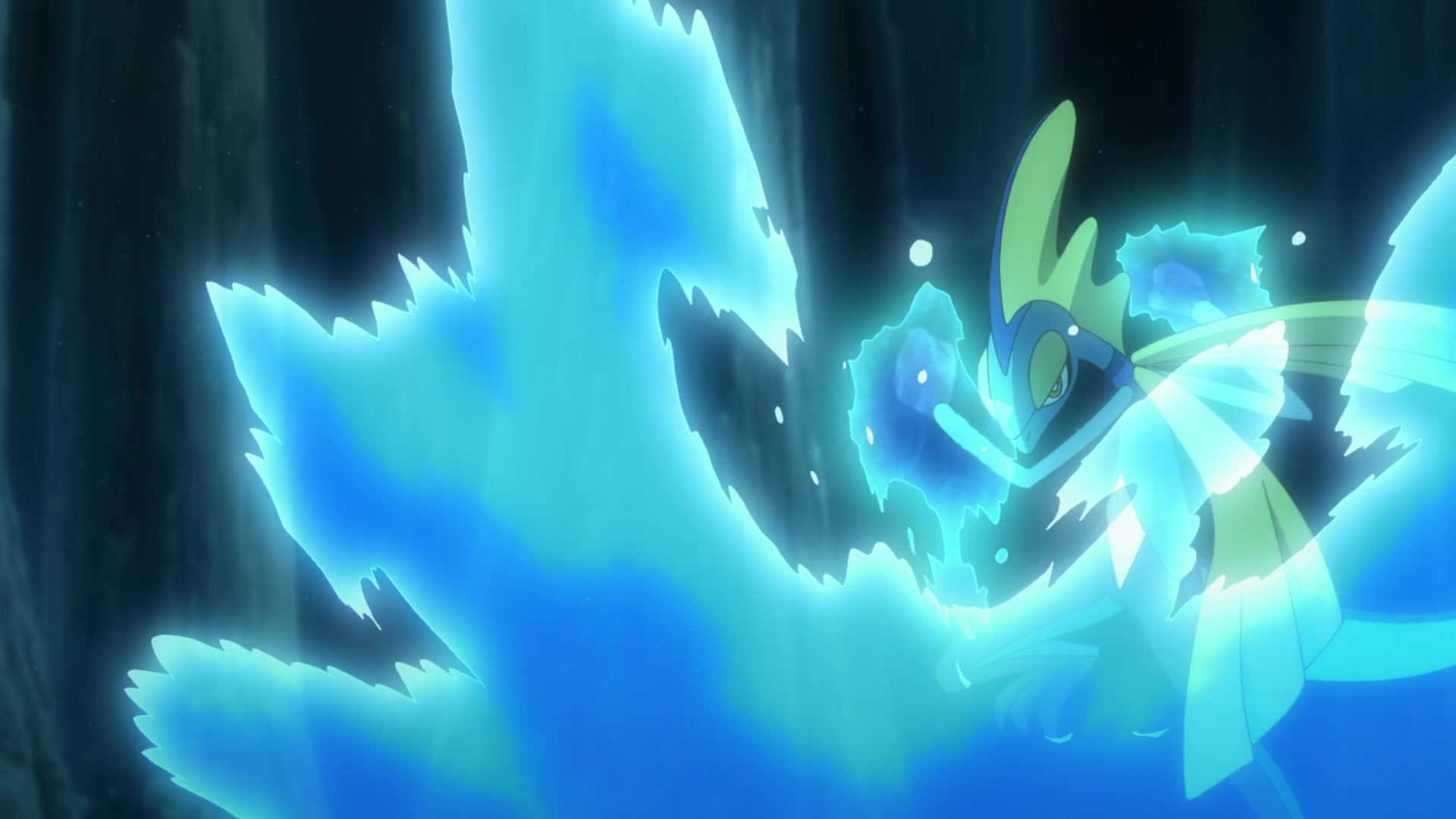 Episodio 88 Viajes Pokémon Inteleon de Goh atacando bajo el agua