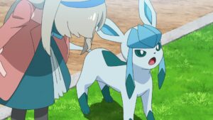 Episodio 87 Viajes Pokémon Glaceon se disculpa junto con su entrenadora Regina