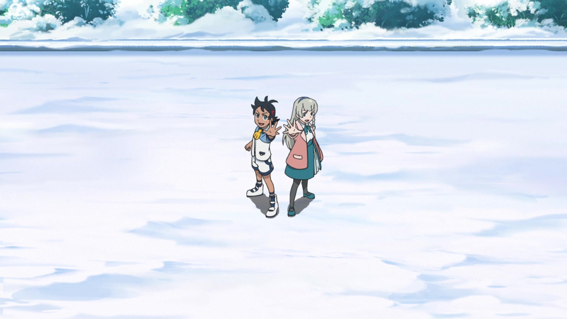 Episodio 87 Viajes Pokémon Goh y Regina montado el Parque de Hielo en la Escuela Pokémon