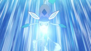 Episodio 87 Viajes Pokémon Glaceon de Regina usa Rayo Hielo