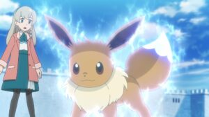 Episodio 87 Viajes Pokémon Eevee usa Copión para utilizar Rayo Hielo y ayudar a Glaceon