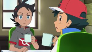 Episodio 87 Viajes Pokémon Ash y Goh desayunando