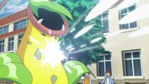 Episodio 87 Viajes Pokémon el Glaceon de Regina vence a un Victreebel en combate