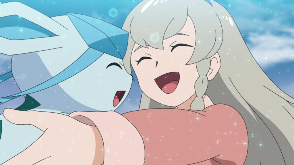 Episodio 87 Viajes Pokémon Regina y Glaceon se abrazan tras ganar un combate