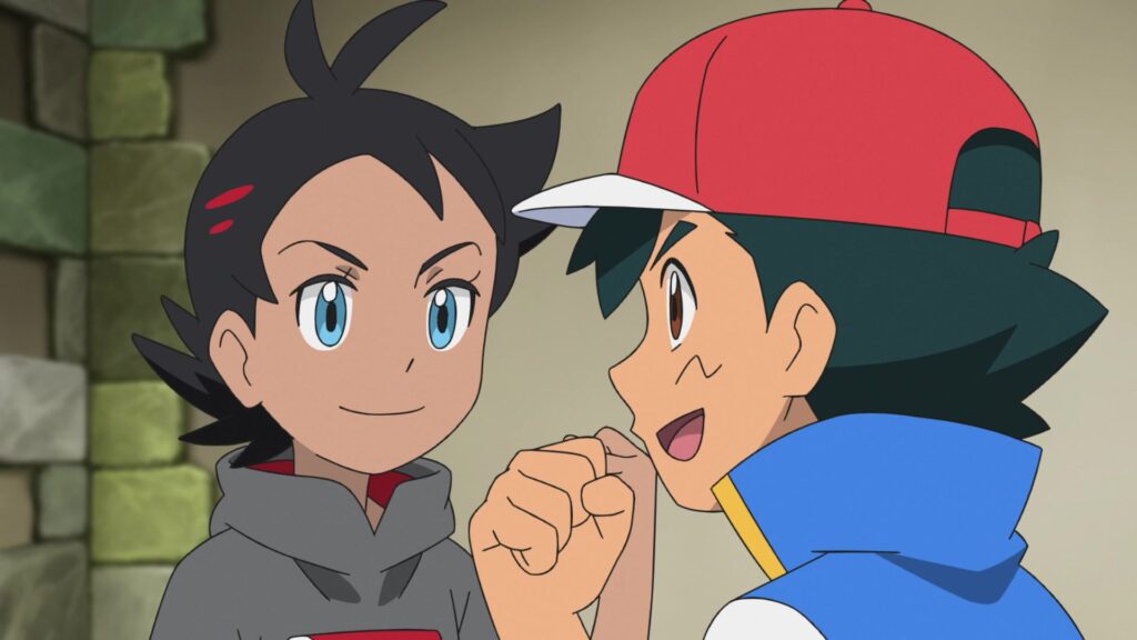 Episodio 87 Viajes Pokémon Ash y Goh hablando de combatir con Regina y Glaceon