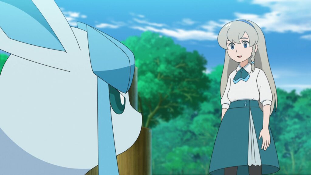 Episodio 87 Viajes Pokémon Regina le pide a Glaceon que la espere en el Jardín Pokémon