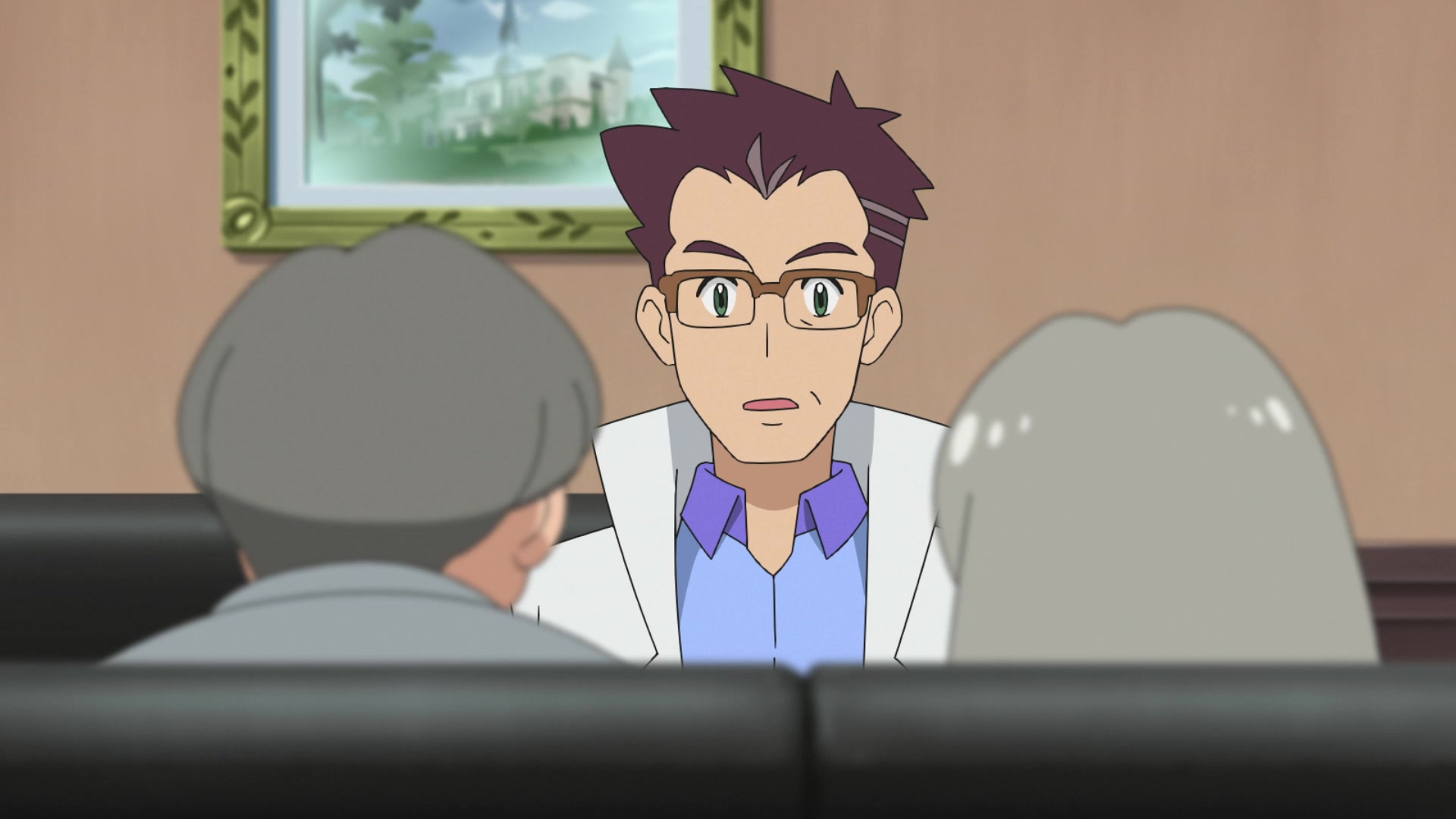 Episodio 87 Viajes Pokémon el Profesor Cerezo habla con los padres de Regina sobre Glaceon