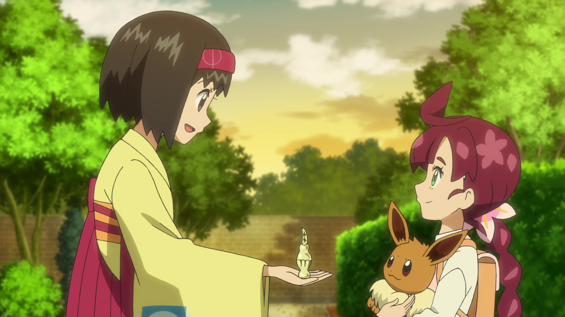 Episodio 94 Viajes Pokémon Erika le regala a Chloe un perfume de Leafeon