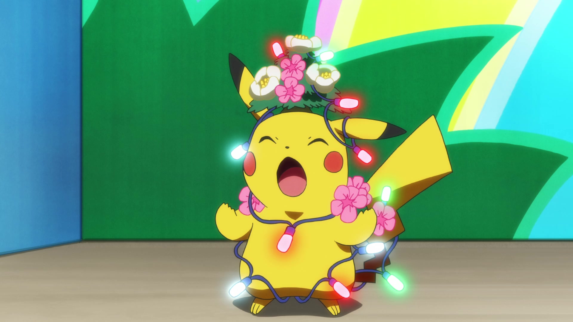 Episodio 94 Viajes Pokémon arreglo floral del Pikachu de Ash como árbol con luces de Navidad