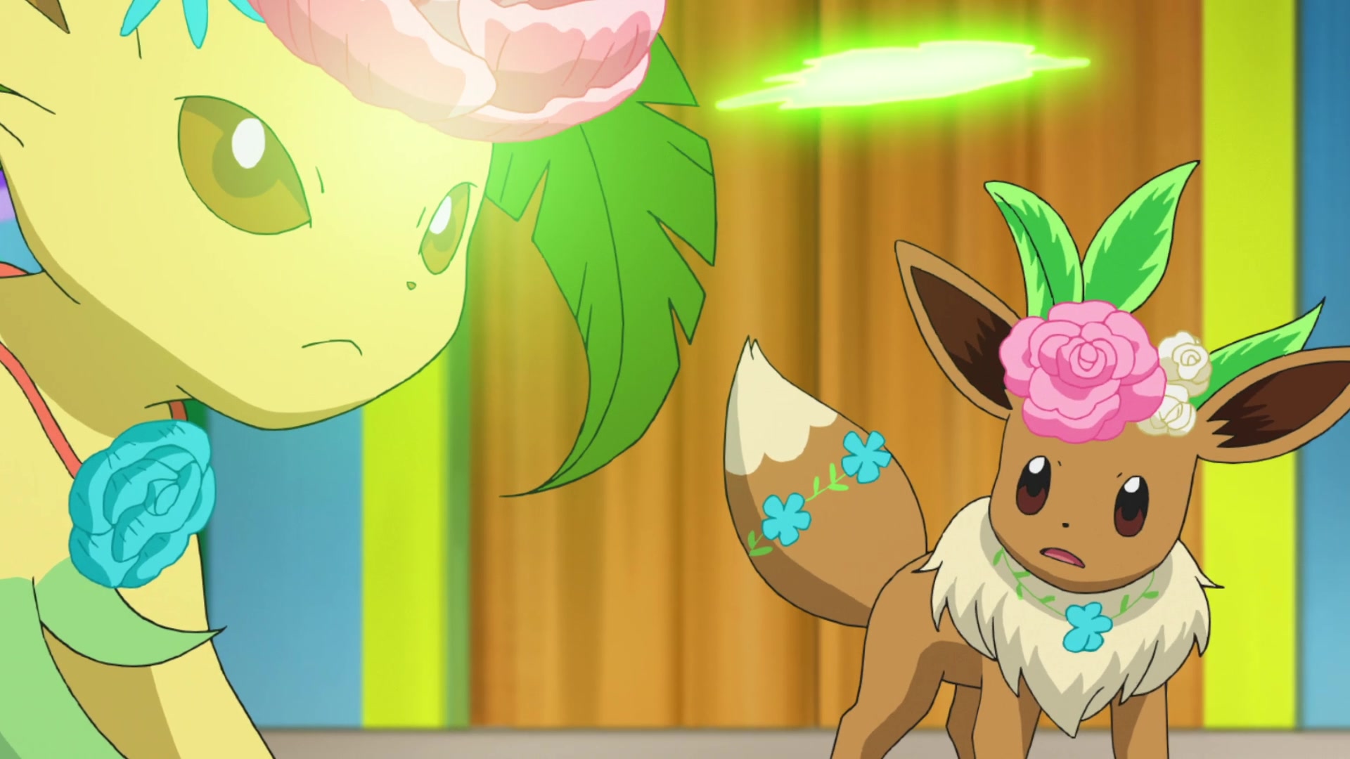 Episodio 94 Viajes Pokémon Eevee usa Copión en Leafeon y utiliza Hoja Afilada
