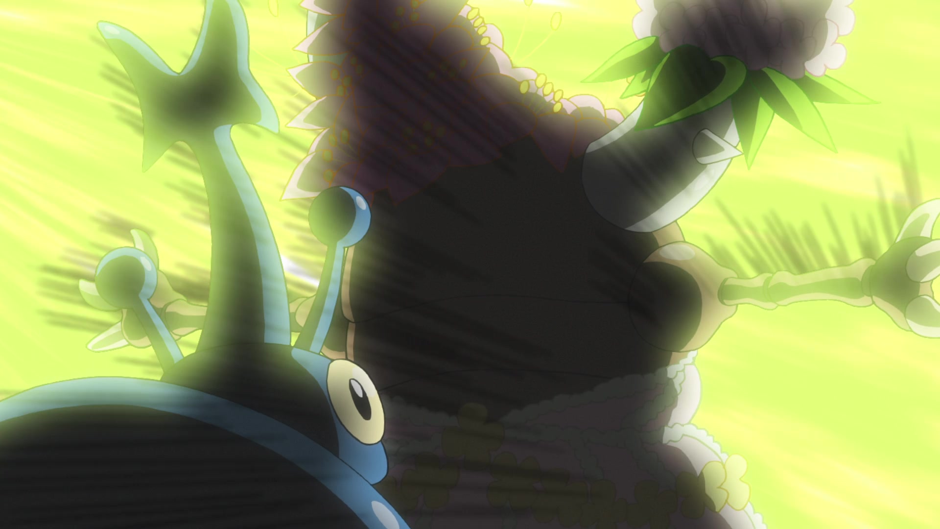 Episodio 94 Viajes Pokémon Pinsir recibe el Rayo Solar de Lurantis para proteger a su querido Heracross