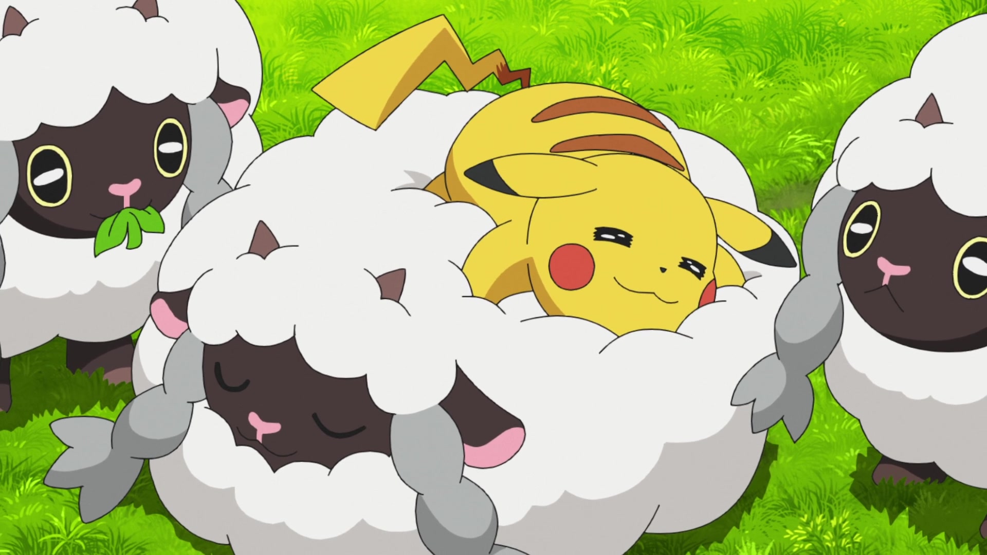 Episodio 100 Viajes Pokémon Pikachu descansando en la lana de un Wooloo