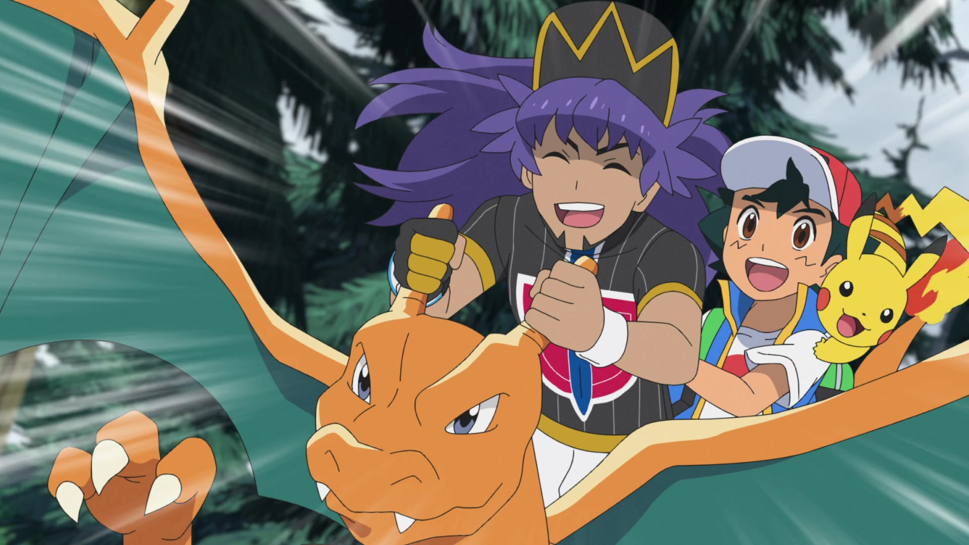 Episodio 100 Viajes Pokémon Volando sobre Charizard por la montaña y entrenando contra las rocas con Garra Dragón