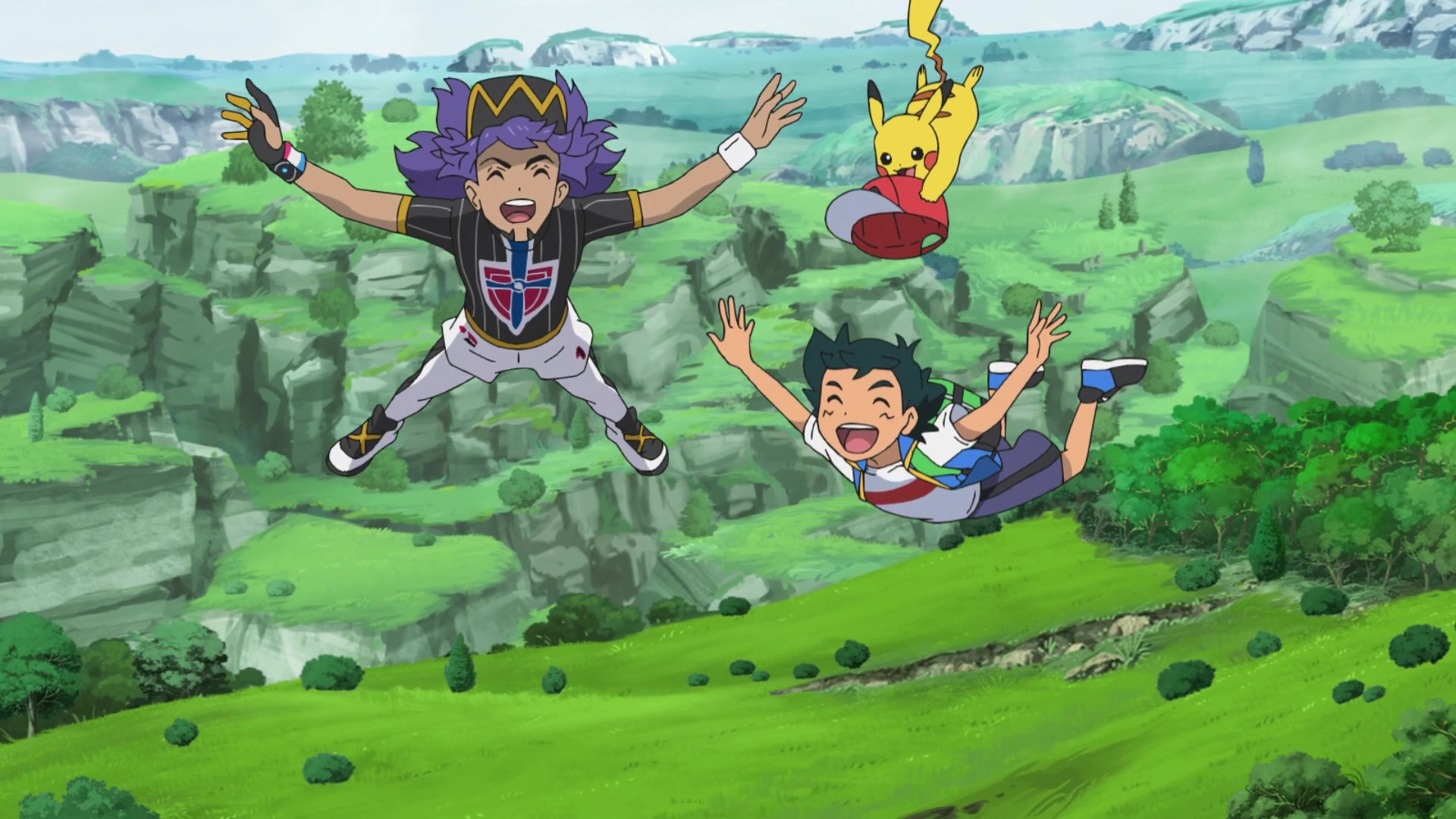 Episodio 100 Viajes Pokémon paracaidismo de Lionel, Ash y Pikachu