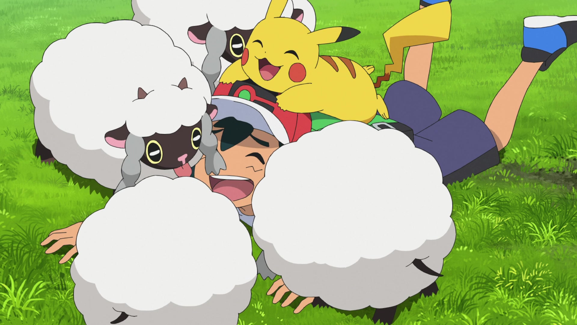 Episodio 100 Viajes Pokémon Ash y Pikachu jugando con Wooloo