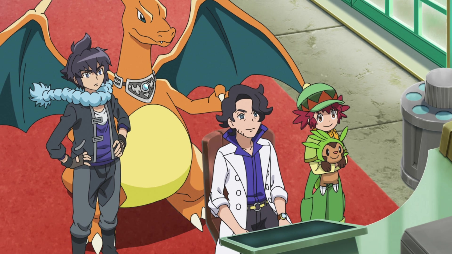 Episodio 129 Viajes Pokémon Alain, Charizard, Profesor Ciprés, Mairin y Chespin