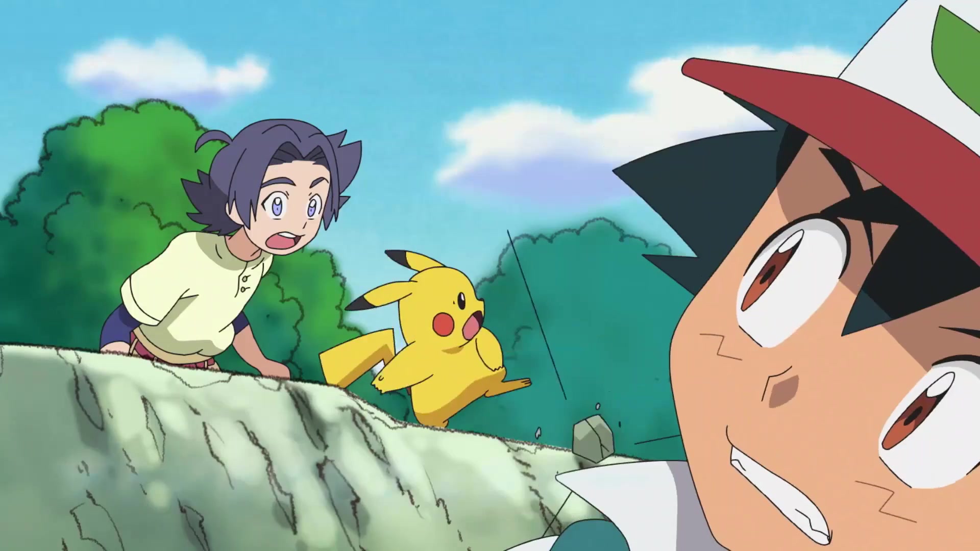 Pokémon: El distante cielo azul Ash, Haruto y Pikachu