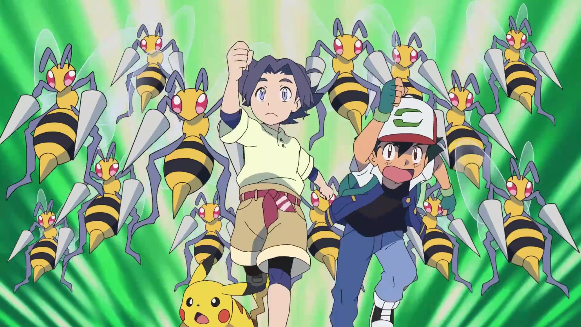Pokémon: El distante cielo azul Ash, Haruto y Pikachu